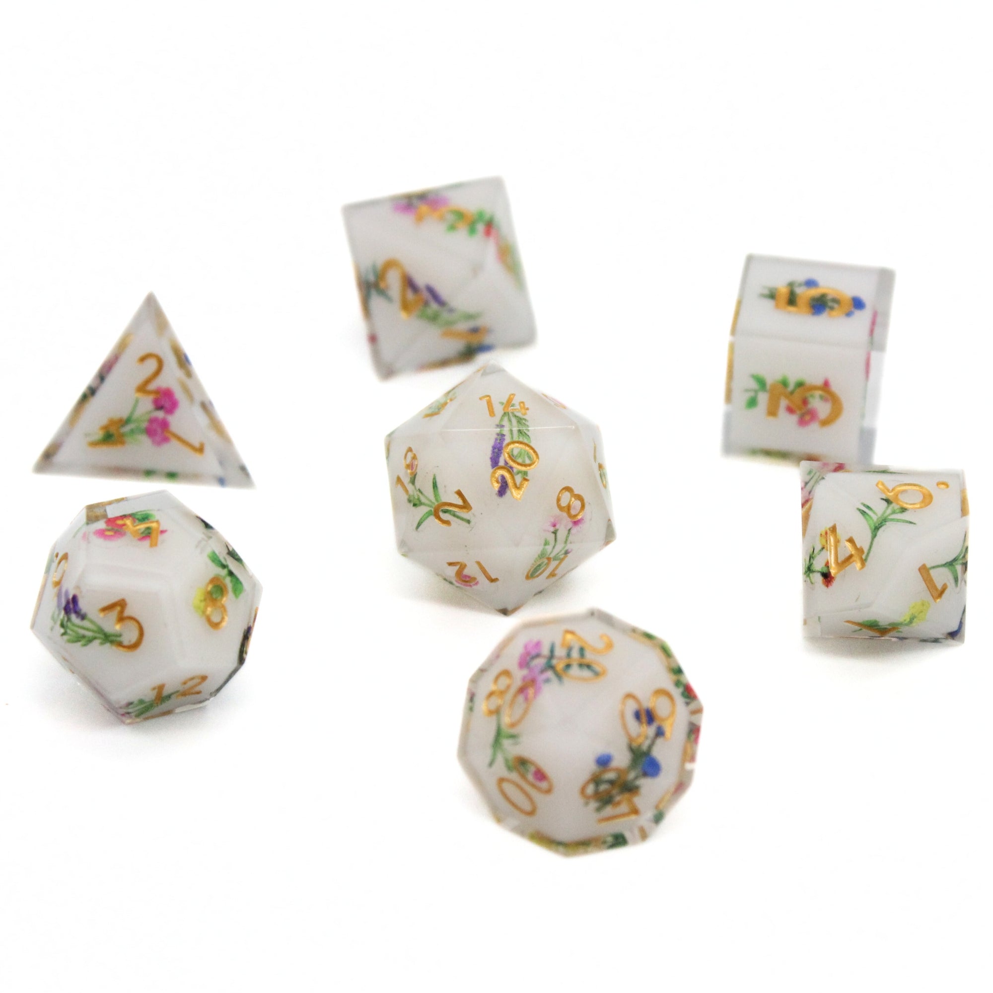 Wild Flowers White Dice Set (7pcs) | Sharp Edge Dice