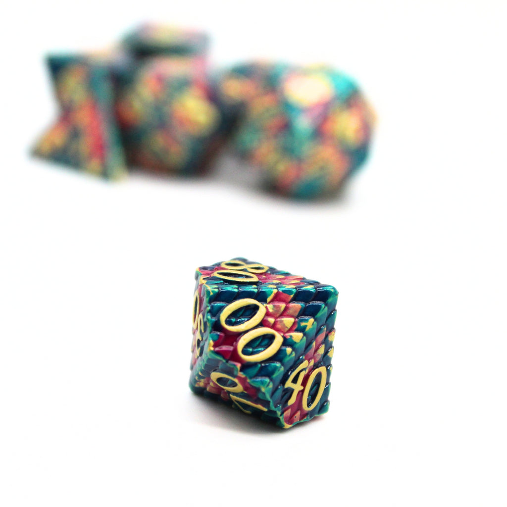 Magenta and Green Dragon Scale Metal Dice (7pcs Set)