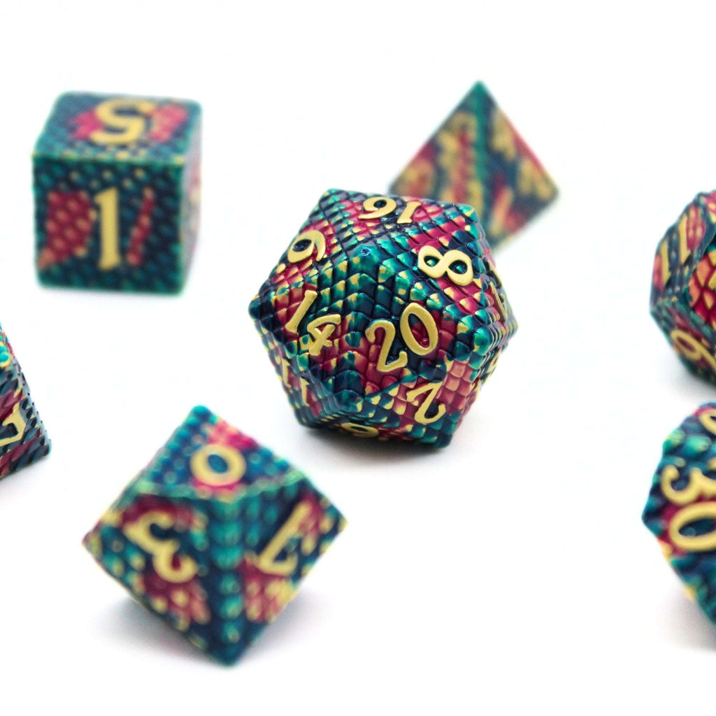 Magenta and Green Dragon Scale Metal Dice (7pcs Set)