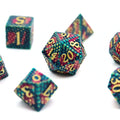 Magenta and Green Dragon Scale Metal Dice (7pcs Set)